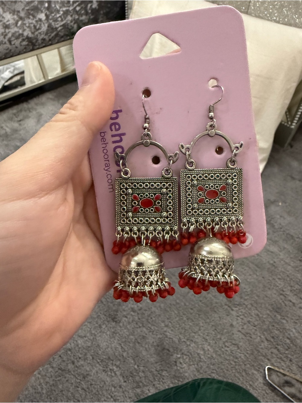 Behdoray Red and Silver Square Filigree Jhumka Earrings